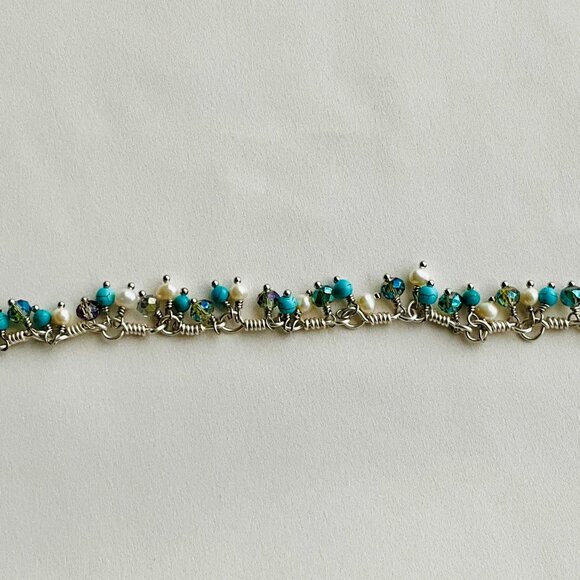 Cluster Bracelet with Turquoise, Pearls, and Crystals. Chain with Dangle Gem - Picture 7 of 16
